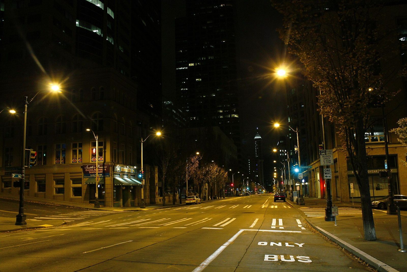 2nd Avenue in downtown Seattle at night