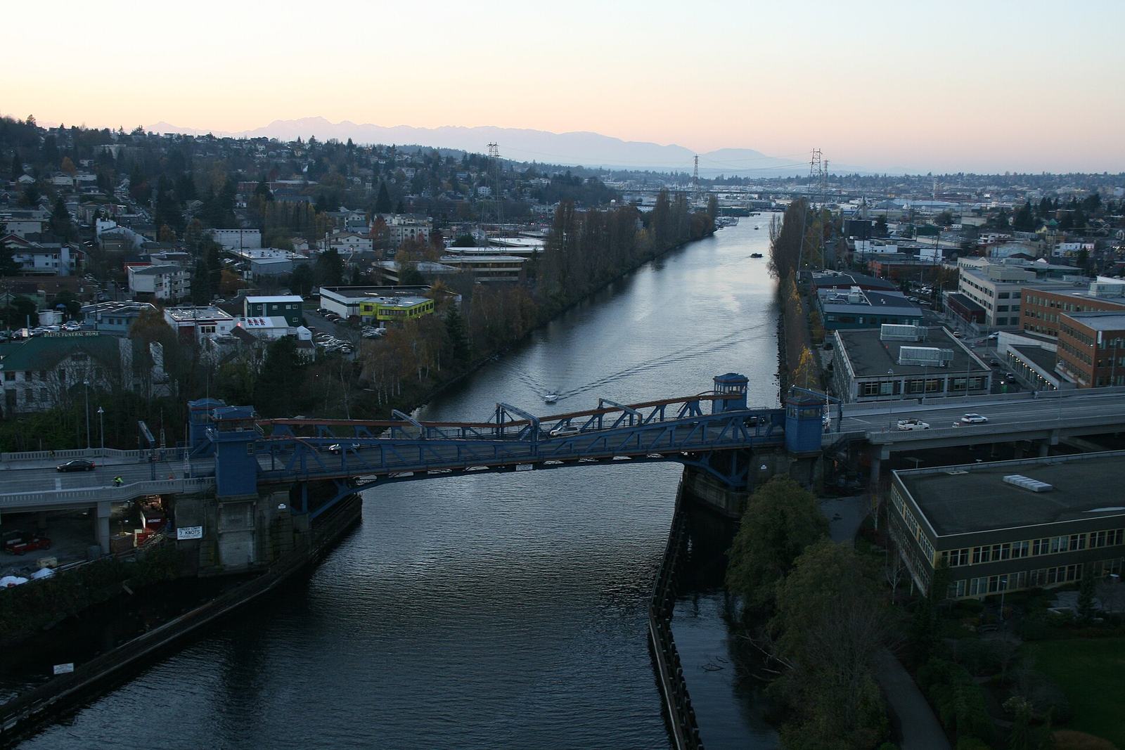 The Fremont Bridge over the ship canal at dusk, seen from the Aurora Bridge