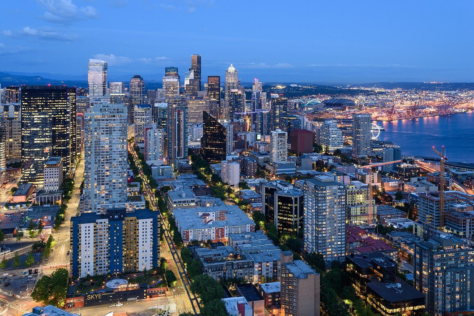Downtown Seattle at dusk from the Space Needle