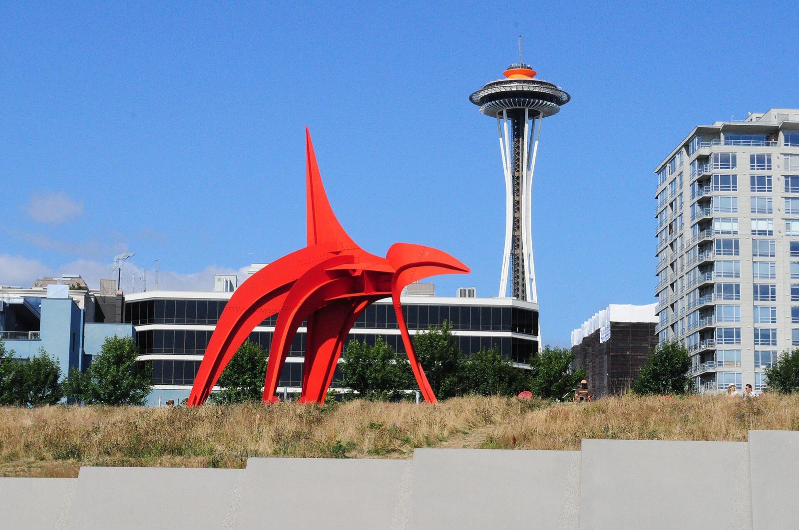 Calder's red Eagle sculpture at the Olympic Sculpture Park with the Space Needle behind it